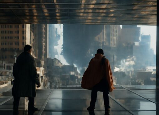 Cyberpunk doctor with drones and gunslinger in futuristic scenery